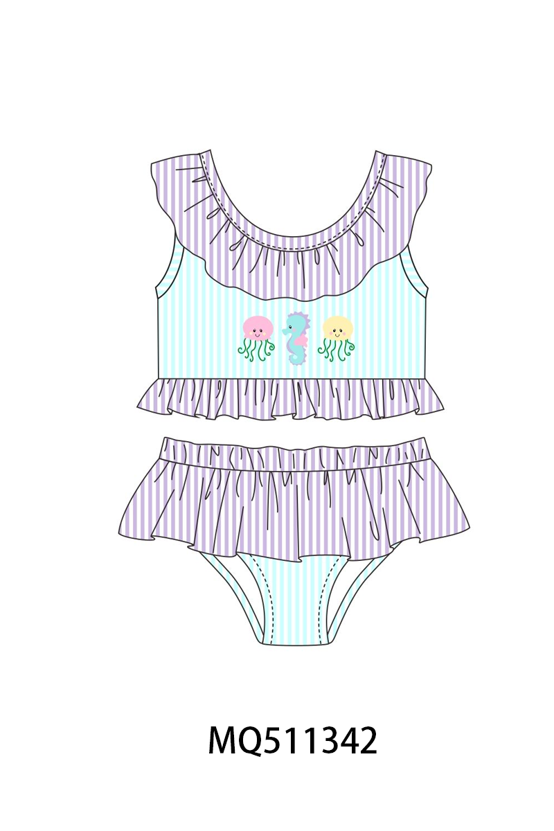 Blue octopus seahorse embroidery seersucker swimsuit collection - PO74 - 11/30 - ETA Mid April