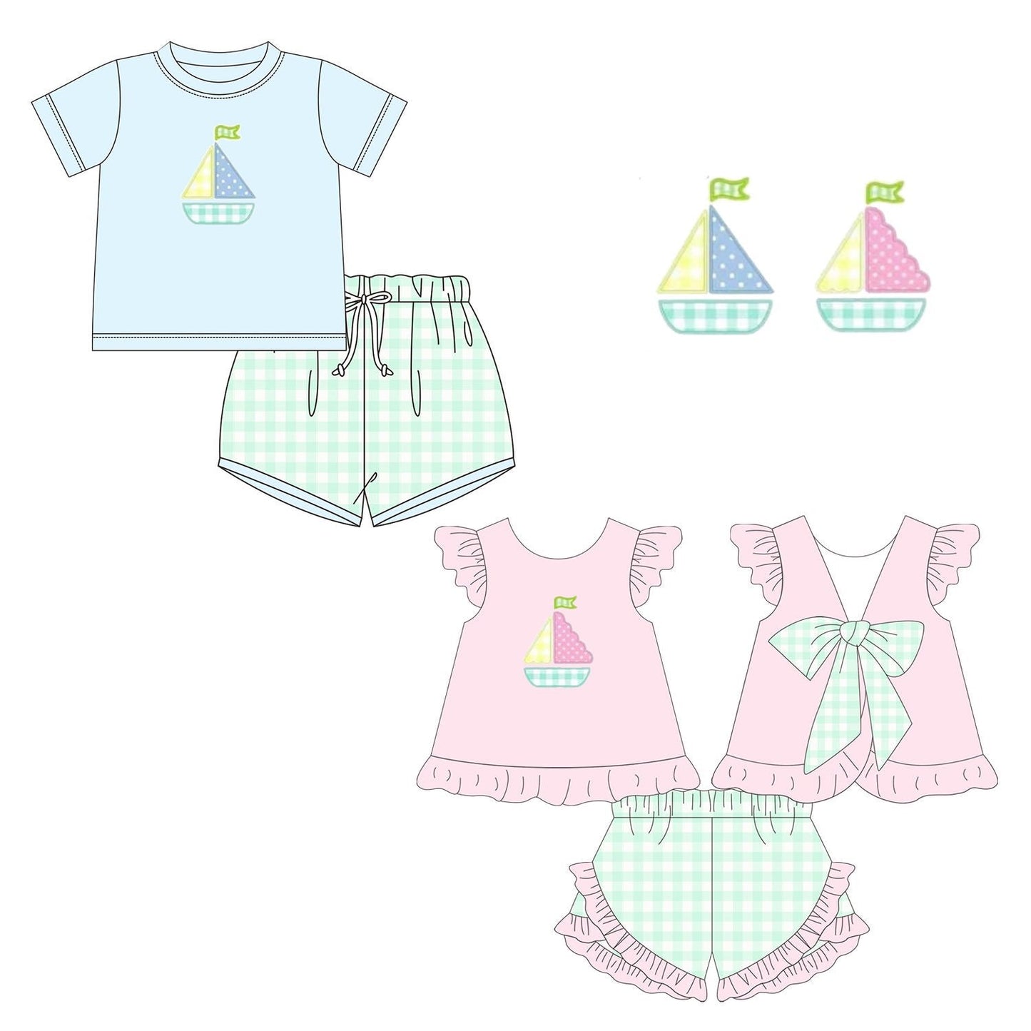 Gingham Sailboat Appliqué Short Sets - 12/8 - ETA late March