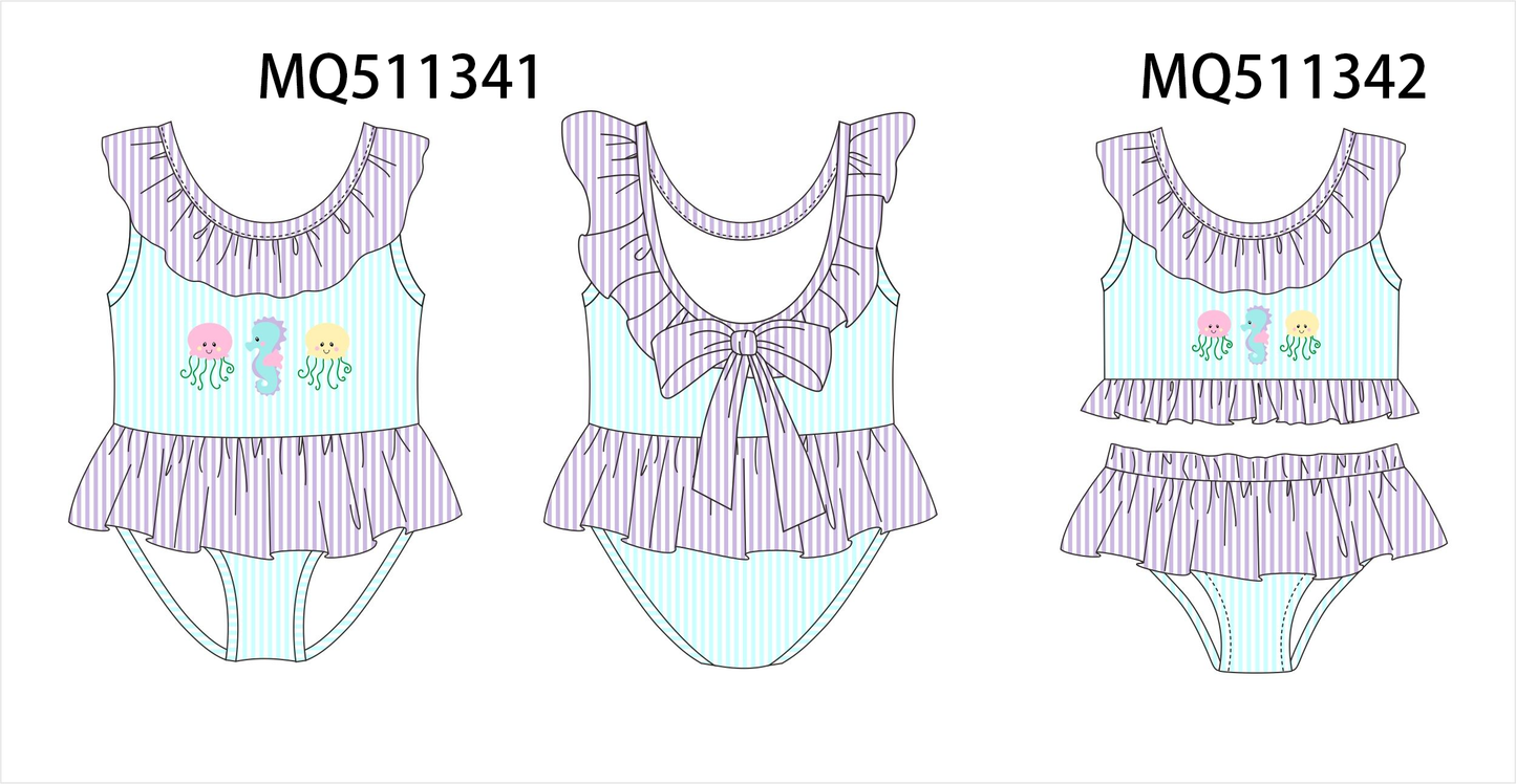 Blue octopus seahorse embroidery seersucker swimsuit collection - PO74 - 11/30 - ETA Mid April