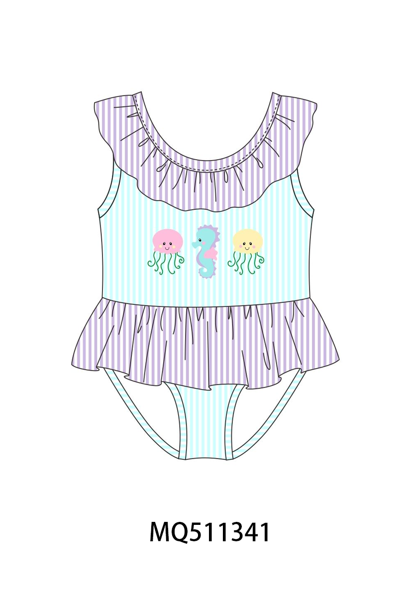 Blue octopus seahorse embroidery seersucker swimsuit collection - PO74 - 11/30 - ETA Mid April